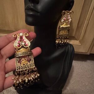 Ornate Temple Style Gold & Pink Chandelier Earrings